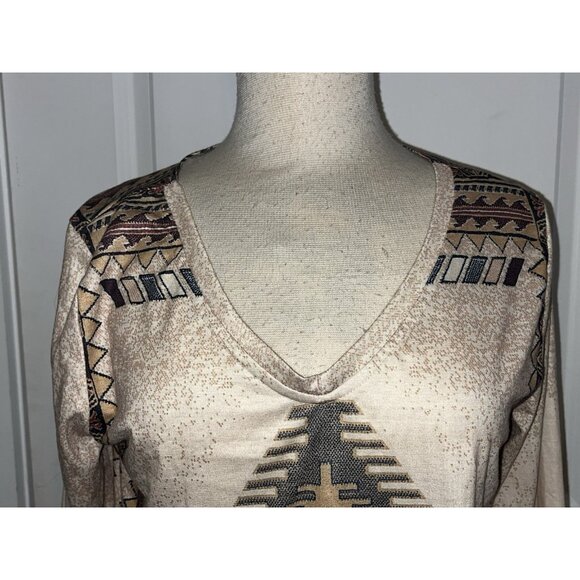 Womens Southwestern Aztec Print Shirt Size XXL Top Tan Stretch Comfort L/S - Picture 3 of 9